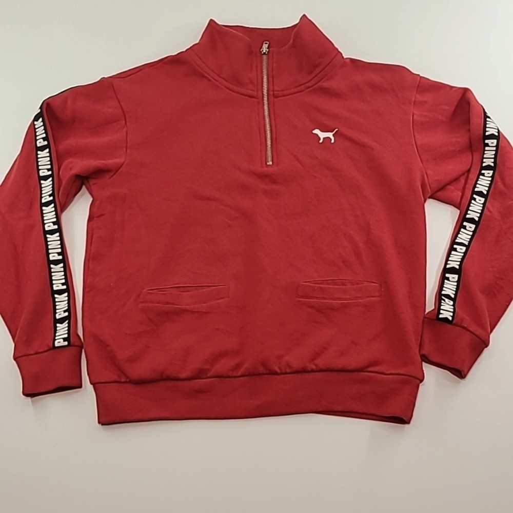 PINK VICTORIA'S SECRET Red Quarter Zip‎ Sweatshirt Black Logo Down Arms -Size XS